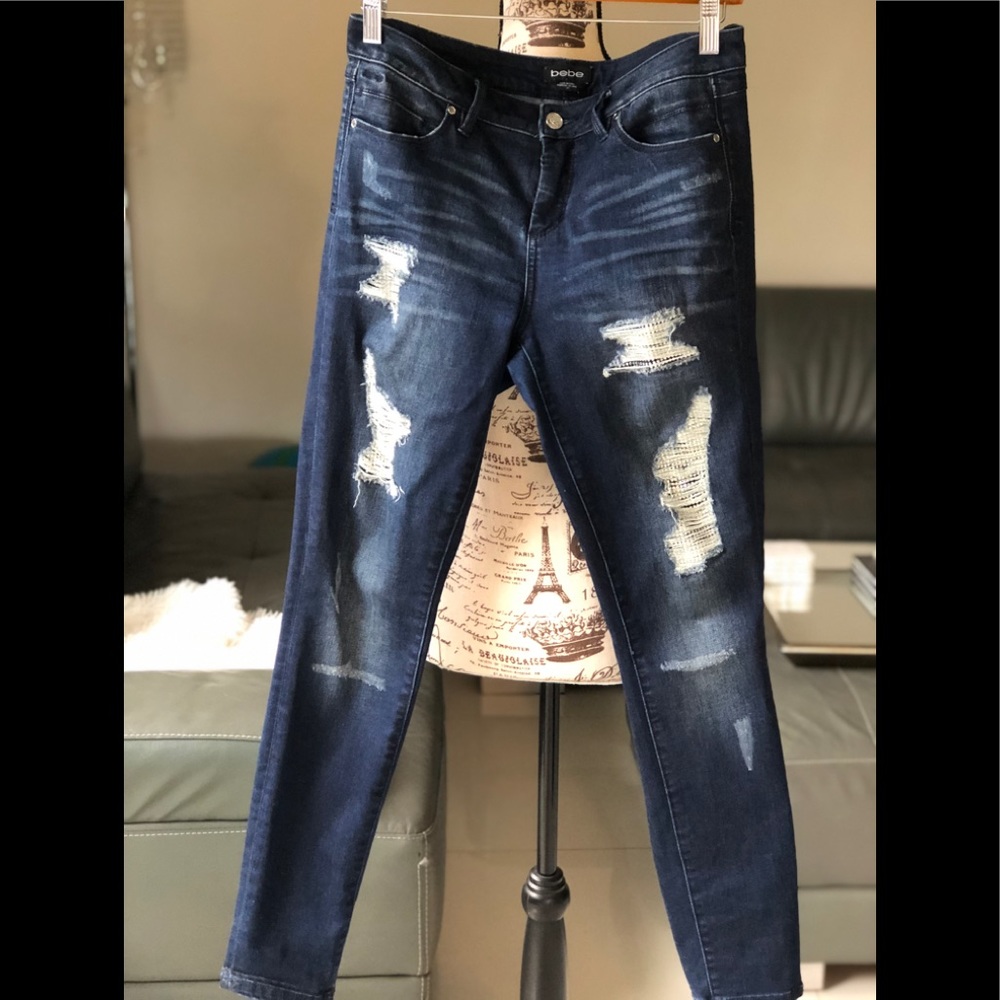 bebe destroyed embellished skinny jeans